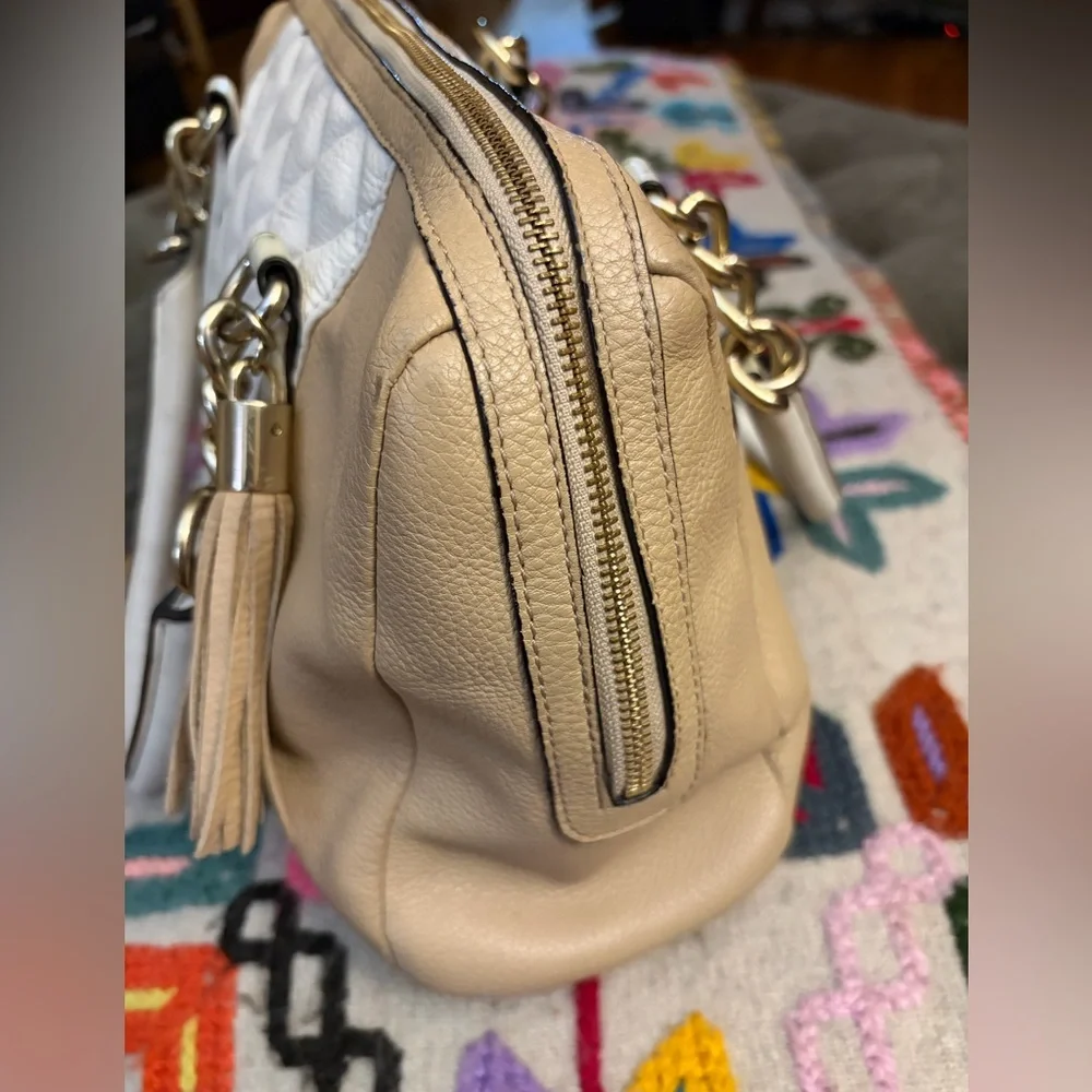 Calvin Klein White and Tan leather Quilted Shoulder Bag